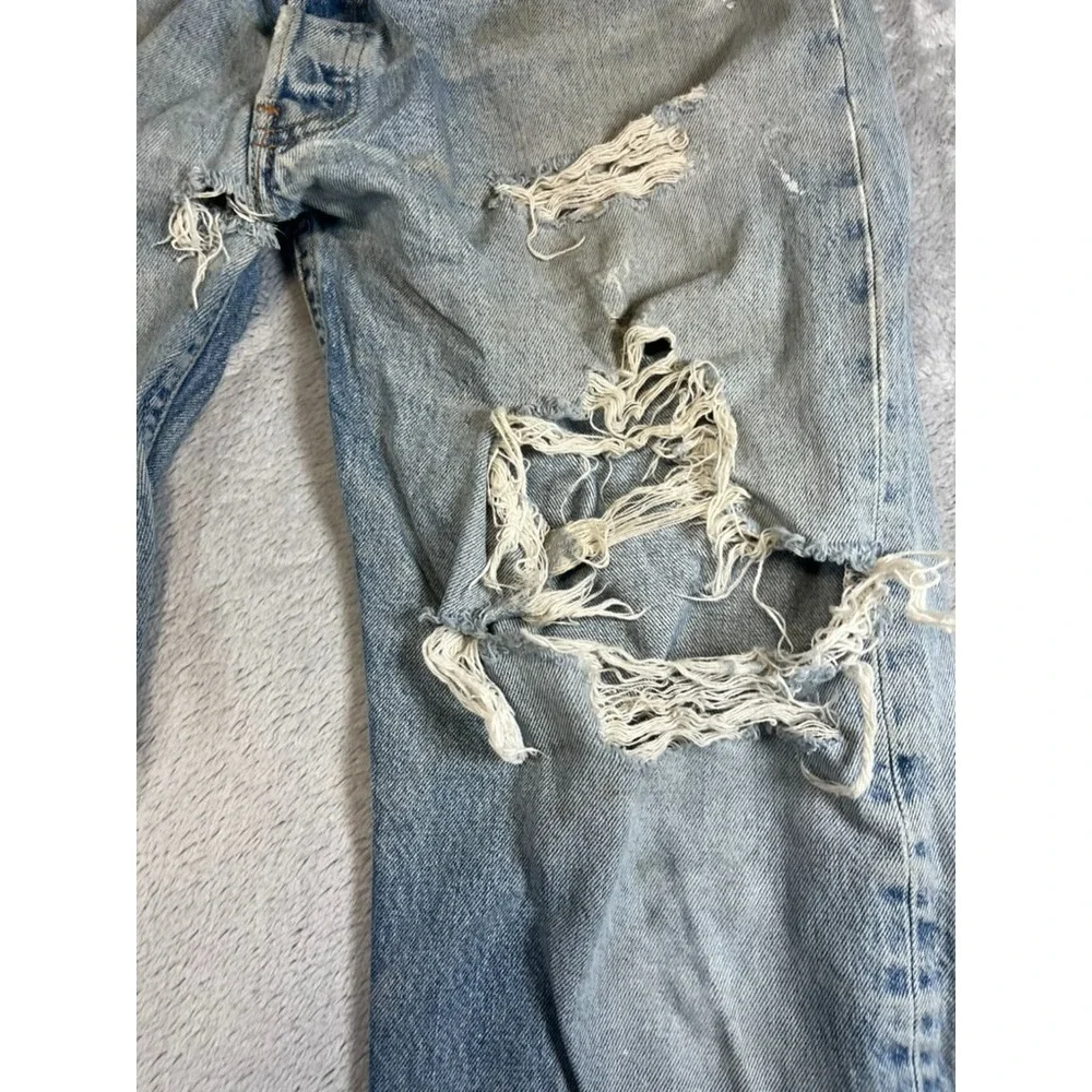 VTG Levis 501 Button Fly Red Tag Distressed Men 38x34 Light Washer Biker Style - Picture 7 of 15
